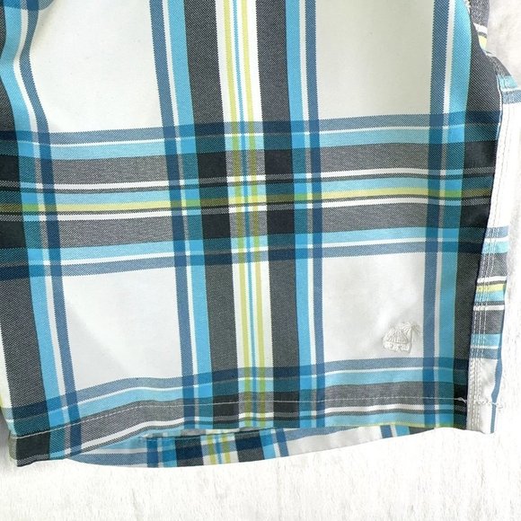 Caribbean Joe Mens Swim Trunks Large Aqua Green Gray Plaid Hawaiian Pocket GUC - Picture 11 of 14